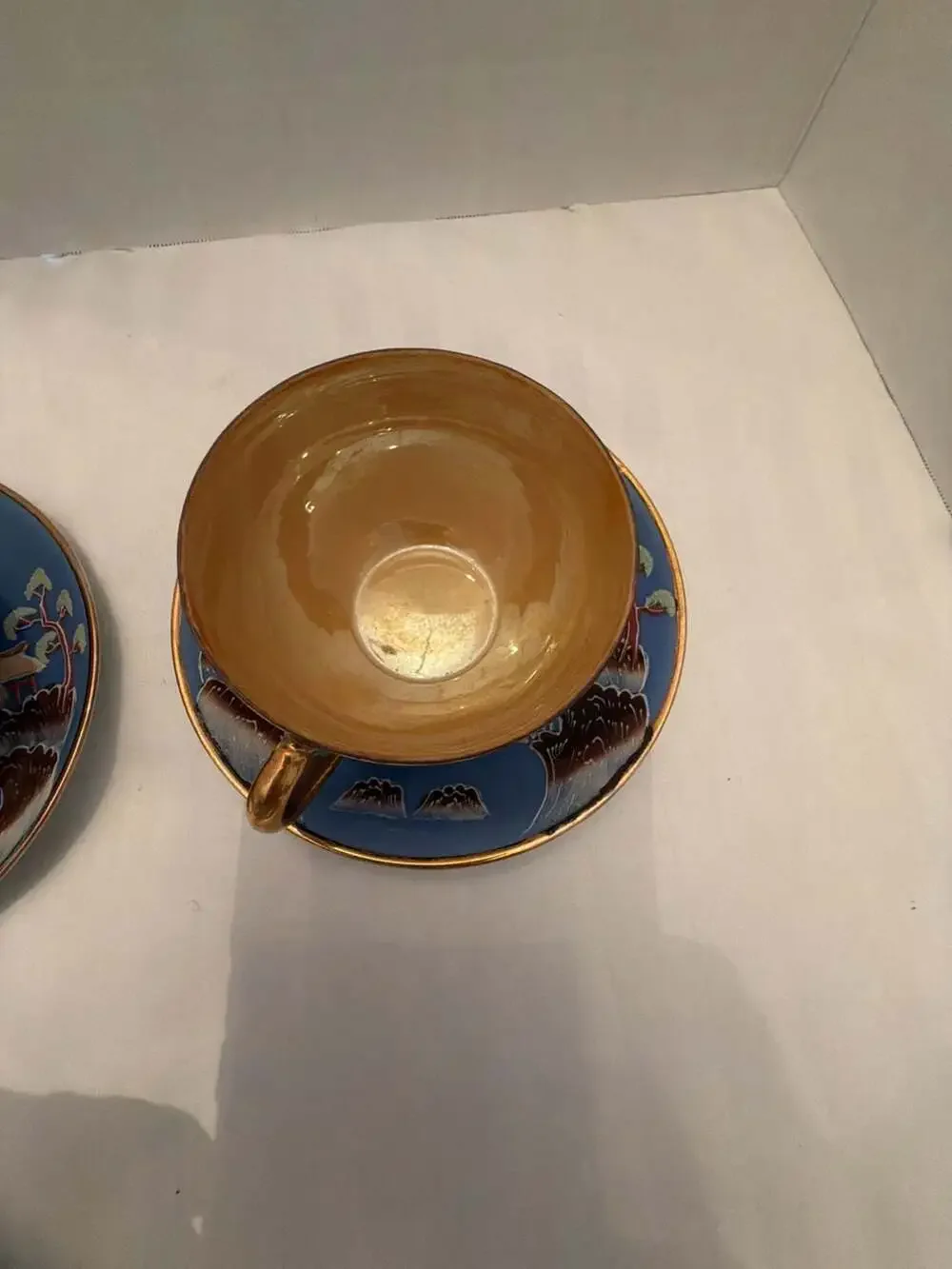 Hinode Cup & Saucer Set Blue Japanese Pagoda Moriage